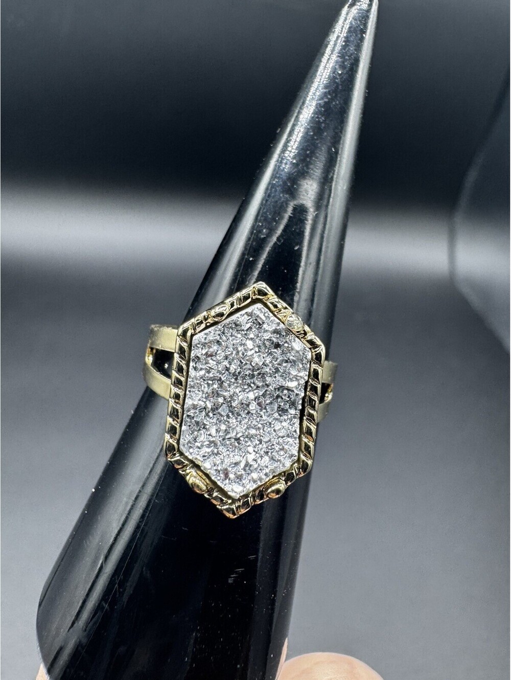 Adjustable Gold Tone Ice Silver Druzy Style Ring Geometric Boho Statement Ring